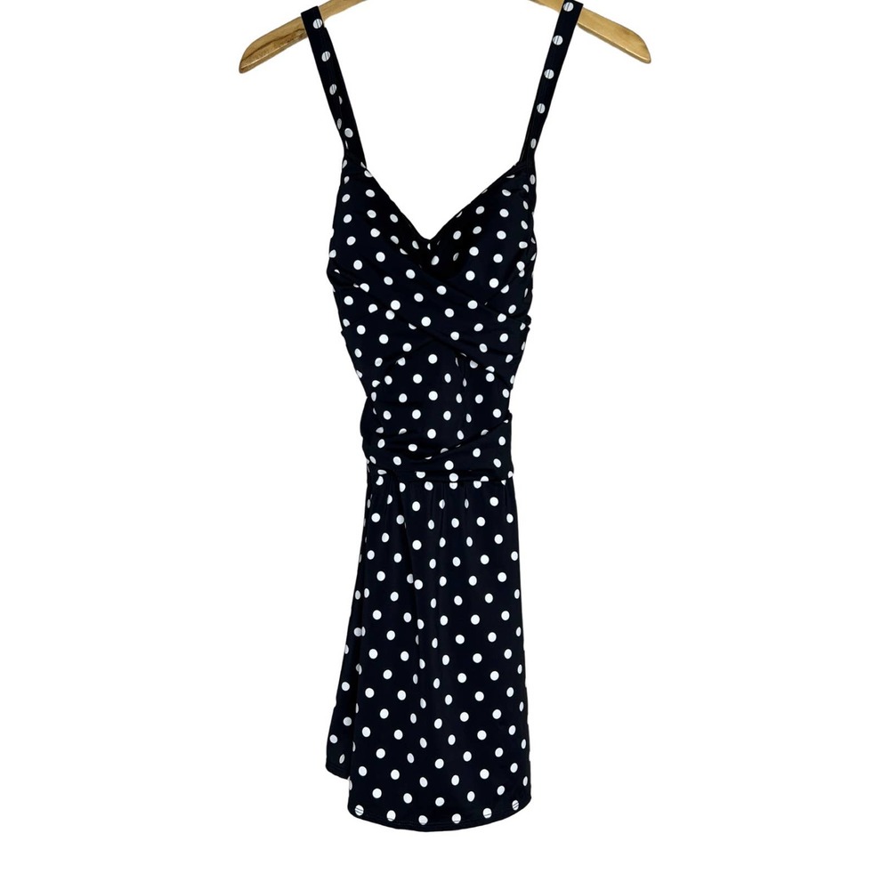 DENIM & CO Beach Sweetheart Twist Front Swim Dress Black White Dot 12